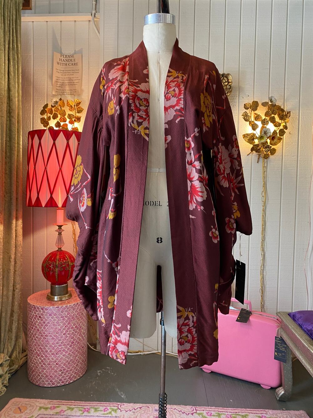vintage cropped burgundy rose kimono japanese robe floral flapper style jacket